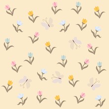 Spring Ditsy Pattern With Small Tulips And Butterflies With Mother-of-pearl Wings On A Whitewashed Yellow Background. Seamless Fabric Print For Baby In Vector.