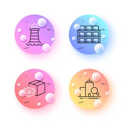 Aufkleber - Boxes shelf, Lighthouse and Packing boxes minimal line icons. 3d spheres or balls buttons. Inspect icons. For web, application, printing. Wholesale inventory, Searchlight tower, Delivery box. Vector