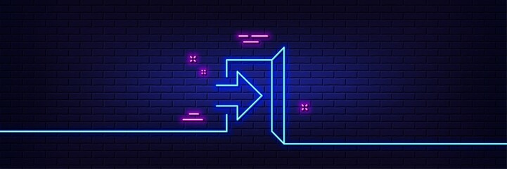 Aufkleber - Neon light glow effect. Exit line icon. Open door sign. Entrance symbol with arrow. 3d line neon glow icon. Brick wall banner. Exit outline. Vector