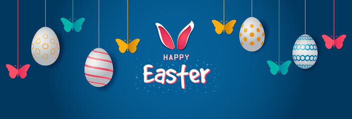 Happy Easter Bright Ornate Colorful Horizontal Banner Design. Butterflies, bunny ears and colorful detail pattern design eggs vector illustration. Spring Festival Holiday theme website header graphic
