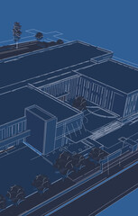 Poster - Partial 3d illustration of a school building campus. Main entrance and courtyard seen on the middle area.  Architectural abstract perspective in blueprint style.  Vertical image.