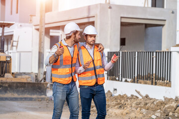 Aufkleber - Architect and engineer discussing planning for a building a new home at construction site,Architect watching some a construction,Business, Building,Industry,People concept.