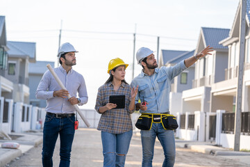 Poster - Group of builders in working uniform are working on a building site,Civil engineer project construction work.