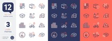 Set Of Search Flight, Wholesale Inventory And Packing Boxes Line Icons. Include Bike Delivery, Parking Place, Wholesale Goods Icons. Delivery Insurance, Connecting Flight. Bicolor Outline Icon. Vector