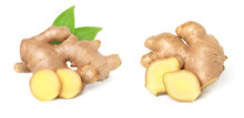 Close Up, Fresh Ginger Root With Slice And Green Leaves Isolated On White Background, Old Ginger