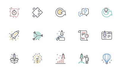Poster - startup line icons. launch project, business report and target. strategy linear icon set. bicolor ou