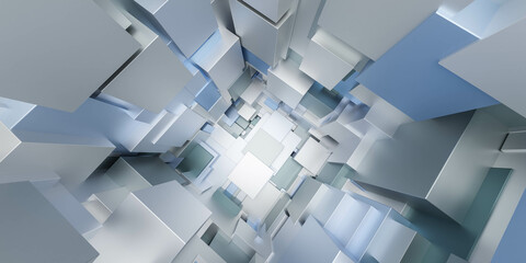 Poster - blue and white metal cubes abstract geometric shape 3d render illustration