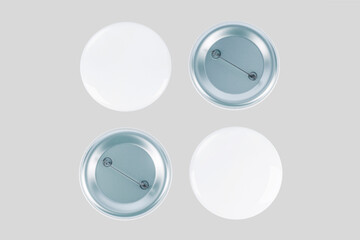 Round badges. White plastic badge mockup, isolated buttons witn pins. Realistic round magnet with metallic blank back side. 3d rendering.