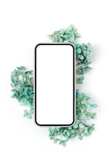Wall Mural - smartphone mockup with green flowers. device screen mockup on stylish background for presentation or