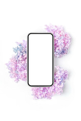 Wall Mural - smartphone mockup with purple flowers. device screen mockup on stylish background for presentation o