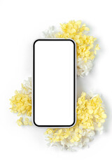 Wall Mural - smartphone mockup with yellow flowers. device screen mockup on stylish background for presentation o