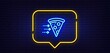Neon light speech bubble. Food delivery line icon. Salami pizza sign. Catering service symbol. Neon light background. Food delivery glow line. Brick wall banner. Vector