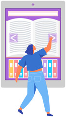 Poster - Girl reading book with digital service for smartphone. Studying with archive of books. Electronic library, online book store, ebook in smartphone app. Woman selects literature in online library