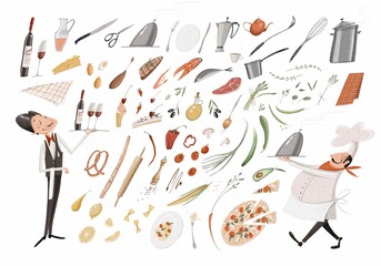 Large hand-drawn restaurant set. Kitchen utensils, vegetables, fruits, dishes. Cook and waiter with a tray in their hands. Cute cartoon style. Stock illustration.