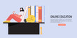 © Katsyarina - Student learn online at home. Character sit on graduate cap and study with books or exercise books. Online education concept. Flat vector illustration. New career courses or educational class.