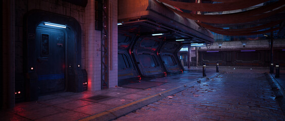 Aufkleber - Cinematic wide view of a grungy cyberpunk future city street at night. 3D rendering.