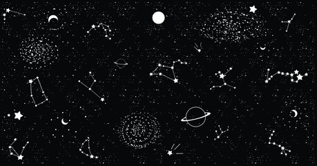 Astronomy, space, stars, planets, galaxy and constellation. Hand drawn vector illustration isolated on white dot and black background. 