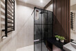 bright bathroom interior with glass wall and shower
