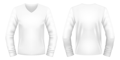 Wall Mural - Blank white V-neck long sleeve t-shirt template. Front and back views. Vector illustration.