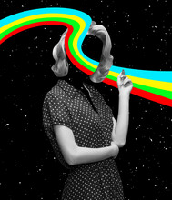 Contemporary Art Collage. Retro Styled Girl With Rainbow Going Through Head Isolated Over Black Starry Background. LGBTQIA Support