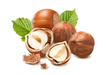 Wall Mural - whole and shelled hazelnuts with leaves isolated on white background