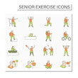 © Antstudio - Senior exercise color icons set. Physical activity. Cardio workout. Keeps muscle in tonus. Training concept. Isolated vector illustrations