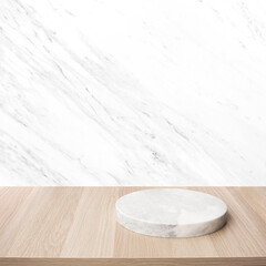 Wall Mural - Marble on wood table top  background.For montage product display