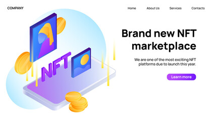 New NFT marketplace. Landing Website Page. Vector illustration
