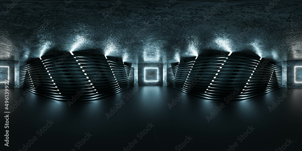 360 degree full panorama environment map of empty futuristic dark black ...
