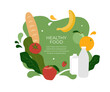 Healthy food meal template. Fruits, vegetables, greens, whole wheat bread, dairy products. Good organic foods, habits eating, fresh diet nutrition. Text banner, poster, foodstuff vector illustration