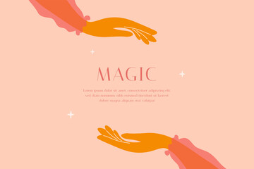 Design template with woman hands, text space and stars. Magic, miracle, mystery concept. Female in pink blouse carefully holding phrase. Isolated banner, celestial poster, isolated vector illustration