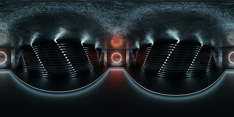 Poster - 360 degree full panorama environment map of empty futuristic dark black metal basement with red circle neon light 3d render illustration hdri hdr vr virtual reality