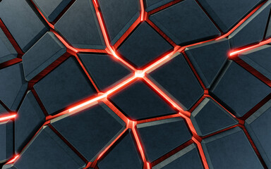 Poster - dark black metal tile objects with red back lighting lava concept 3d render illustration
