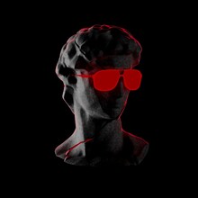 Dark 3d Rendering David Sculpture Head Statue Classic Cracked Concrete Red Light Coming Through Background Sunglasses Creative Minimal Concept Art Isolated Modern Copy Space Text Fashion Product 