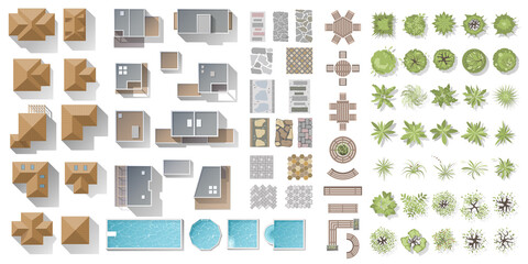Wall Mural - Architectural and Landscape elements top view. Collection of houses, plants, garden, trees, swimming pools, outdoor wooden furniture, tile. Flat vector. Kit of Tables, benches, chair. View from above