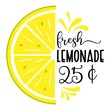 Vector illustration with quote Fresh Lemonade, half slice of lemon and 25 cent price on white background. Summer exotic fresh drink. Home made Lemonade, poster, template.