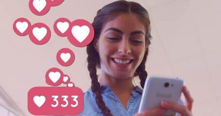 Poster - Multiple heart icons with increasing numbers floating against caucasian using smartphone