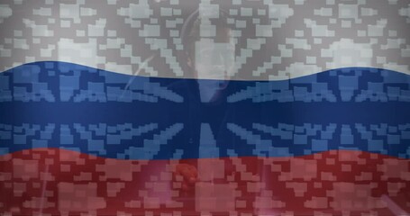 Sticker - Animation of caucasian male hacker, data processing and padlock over flag of russia