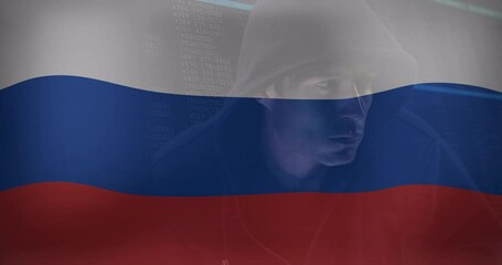 Sticker - Animation of caucasian male hacker over flag of russia