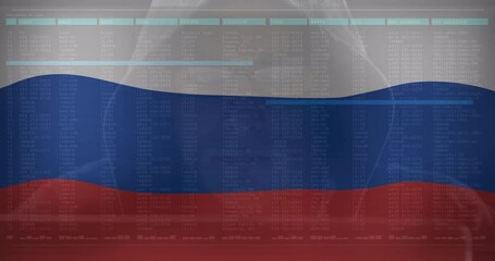Poster - Animation caucasian male hacker and data processing over flag of russia