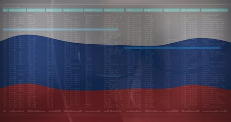 Poster - Animation caucasian male hacker and data processing over flag of russia