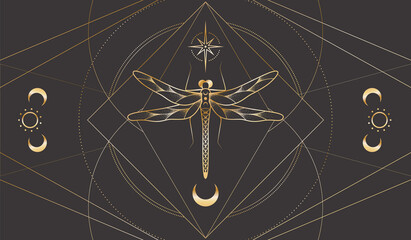 Wall Mural - mystic celestial background with a golden outline insect, star with radial circles, moon phases and 