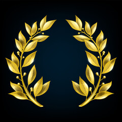 golden laurel leaf wreath, winner vector branch frame, greek antique award trophy symbol on black. v