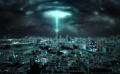 Wall Mural - futuristic concept of electricity supply to megacities. ray of glowing light that shines from the cl
