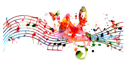 Wall Mural - Colorful musical poster with musical notes, staff, gramophone horn and G-clef isolated vector illustration. Playful background for live concert events, music festivals and shows, party flyer	
