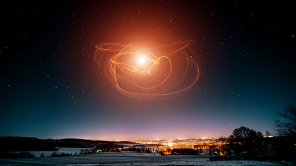 Wall Mural - night winter landscape with starry sky and ufo