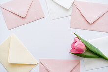 Top View Of Pink Tulip Near Pastel Envelopes On White.