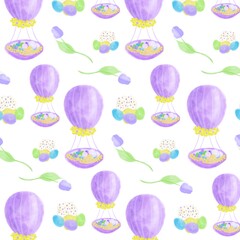  Watercolor drawing Easter basket with balloon. Multi-colored eggs with paska. Purple pattern. For the holy holiday of Easter postcards.