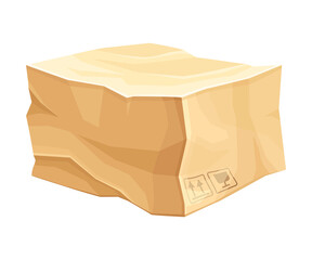 Crumpled Cardboard Box with Corrugated Sides as Packaging and Shipping Container Vector Illustration