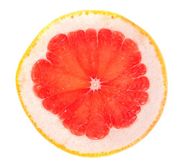 Wall Mural - Fresh slice of grapefruit isolated on a white background, top view. Piece of fresh juicy red grapefruit.